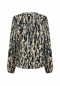 Blusa a maniche lunghe con uno sfondo crema e un motivo astratto a stampa leopardata blu e nera, tessuto morbido e vestibilità comoda.
