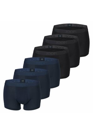 Sechs Herren-Boxershorts in Schwarz und Marineblau, jeweils mit einem markierten Bund, der "JOOP!" in passenden Farben zeigt.