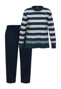 Pitkähihainen tummansininen ja valkoinen vaakaraidallinen paita, jota on yhdistetty yksivärisiin tummansinisiin kuminauhavyöt�äröisiin housuihin.