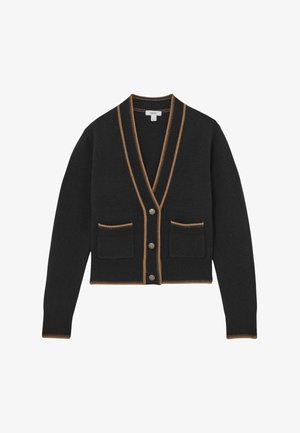 Fekete, rövidített kardigán v-nyakkivágással, kontrasztos barna szegéllyel, két elülső zsebbel és hat gombbal. Strukturált kötött anyagból készült.