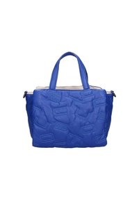 Sac à main en cuir bleu avec motif de lettres cousues, deux poignées et une ouverture supérieure zippée.