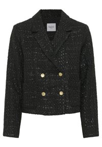 Juoda dvieilė užsegama striukė iš tekstūruotos medžiagos su subtiliu blizgesių. Yra auksiniai mygtukai ir neužapvalintas apykaklės kampas. Trumpintas dizainas.