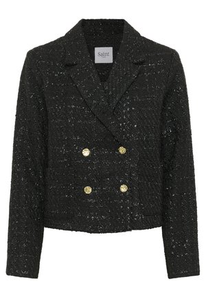 Schwarze, doppelt geknöpfte Jacke aus strukturiertem Stoff mit dezentem Schimmer. Mit goldenen Knöpfen und Reverskragen. Knappe, verkürzte Passform.