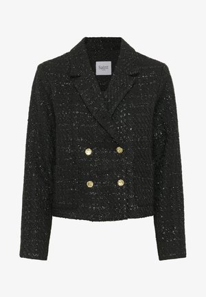 Schwarze, doppelt geknöpfte Jacke aus strukturiertem Stoff mit dezentem Schimmer. Mit goldenen Knöpfen und Reverskragen. Knappe, verkürzte Passform.