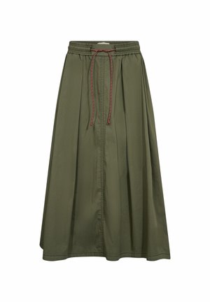 Olivovo zelená sukňa po kolená s elastickým pásom a hnedým sťahovacím šnúrkou, so stredovým švom a jemnými záhybmi.