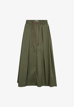 Oliwkowozielona spódnica do kolan z elastycznym paskiem w talii i brązowym sznurkiem, z centralnym szwem i subtelnymi plisami.