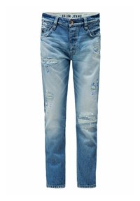 Jeans de denim azul claro con detalles desgastados y manchas de pintura, de corte recto y un clásico diseño de cinco bolsillos.