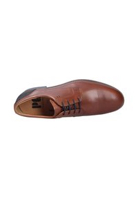 Chaussure en cuir brun avec un bout perforé, lacets ronds et semelle texturée. Présente une finition lisse et des détails de couture subtils.