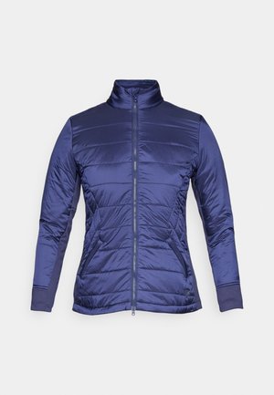 Navy blue insulated jacket with a high collar, front zipper, and horizontal quilted pattern. Features stretchy cuffs and side pockets.