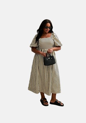 New Look Curves CURVES STRIPE PRINT PUFF SLEEVE MILKMAID TEXTURED MIDI - Jurk - off white
