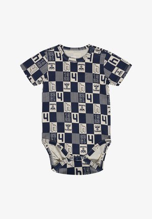 Mørkeblå kortærmet bodysuit i bomuld, prydet med et rutenetmønster med tal og logoer i cremefarve, trykknaplukning nederst.
