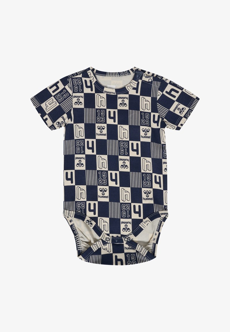 Mørkeblå kortærmet bodysuit i bomuld, prydet med et rutenetmønster med tal og logoer i cremefarve, trykknaplukning nederst.