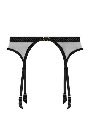 Garter en dentelle noire avec une bande grise, dotée d'un bord supérieur décoratif et de matériels dorés. Sangles en satin réglables avec des extrémités pointues.