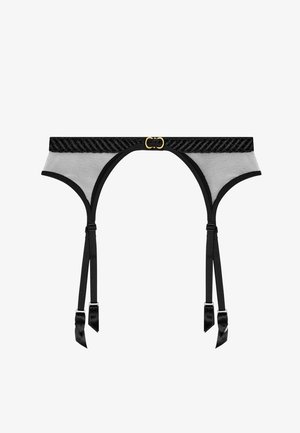 Garter en dentelle noire avec une bande grise, dotée d'un bord supérieur décoratif et de matériels dorés. Sangles en satin réglables avec des extrémités pointues.