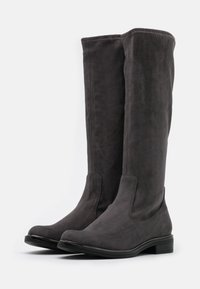 Knee-high grey suede boots with a smooth texture, rounded toe, side seams, and a low black heel. Simple, minimalist design.