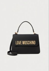 Black faux leather handbag with a flat design, top handle, and detachable strap. Features gold "LOVE MOSCHINO" lettering on the front.