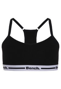 Schwarzer Sport-BH mit tailliertem Design, verstellbaren Trägern und einem weißen Band mit dem "Bench."-Logo. Weiches Baumwoll-Mix-Material.