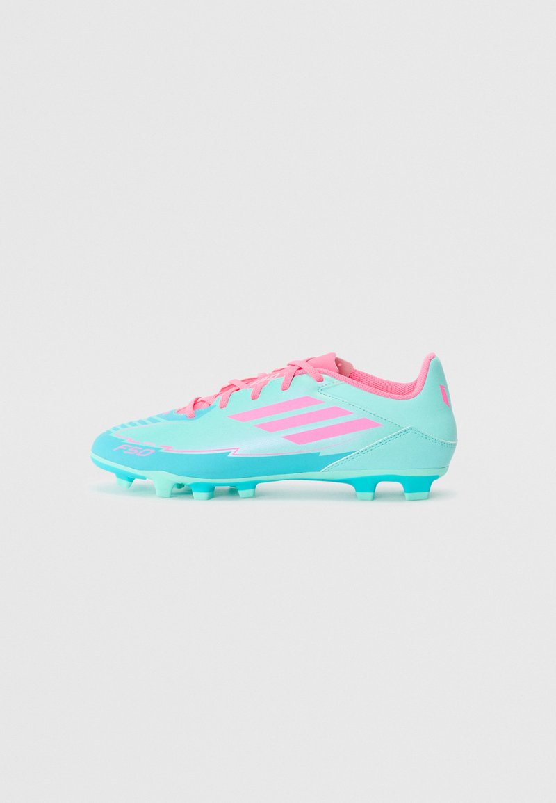 Light blue soccer cleat with pink accents, textured surface, lace-up design, and six molded studs for grip on the field.