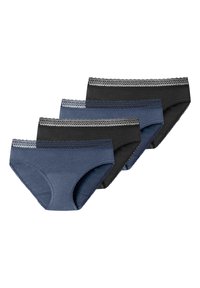 Vier Paare Damenunterhosen: zwei in Marineblau, eine in Dunkelgrau und eine in Schwarz. Jede hat eine Spitzenbordüre entlang des Bunds.