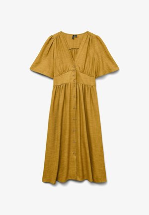 Oblačilo gorčične rumene barve z V-izrezom, kratkimi napihnjenimi rokavi in gumbi spredaj. Tokajoče blago z teksturiranim zaključkom in nabranim pasom.