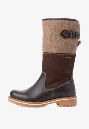 Brun läder- och filt hög stövel med en nedre del i brunt mocka, strukturerad topp, spänndetalj och en robust sula.