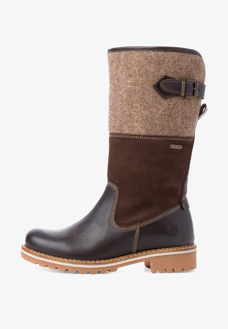 Brown leather and felt tall boot with a brown suede lower section, textured top, buckle detail, and a rugged sole.