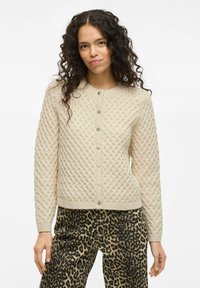 Cárdigan de punto color crema con un patrón de diamantes texturizado, con botones plateados y un cuello redondo. Combinado con pantalones de estampado de leopardo.