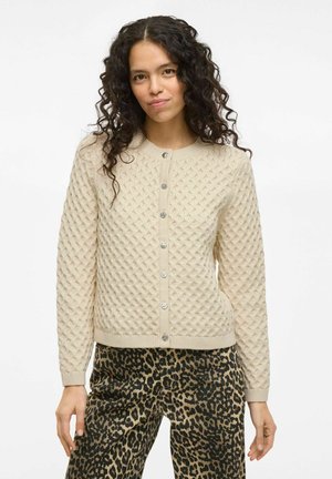 Cárdigan de punto color crema con un patrón de diamantes texturizado, con botones plateados y un cuello redondo. Combinado con pantalones de estampado de leopardo.