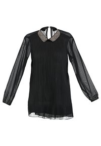 Svart långärmad blus med plisserad textur, genomskinligt tyg och detaljer med pärlkrage. Har en nyckelhålsringning bak.