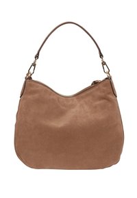 Tasche aus beigem Wildleder mit runder Form, oberem Reißverschluss und einem einzelnen Schultergurt mit goldfarbenen Hardware-Akzenten.
