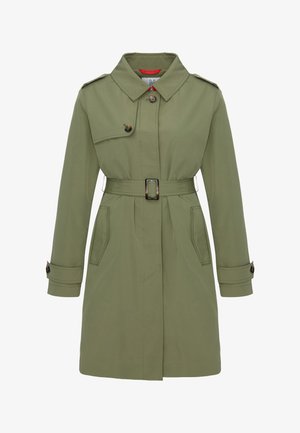 Olivgrüner Trenchcoat mit tailliertem Gürtel, Knopfdetails, zwei Fronttaschen und Schulterklappen. Glatter Stoff.