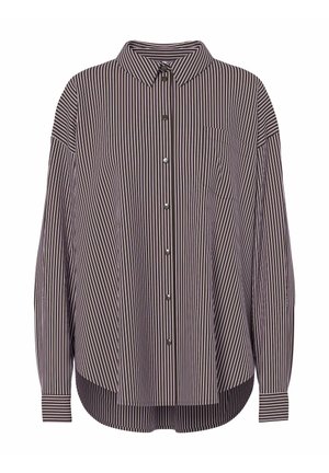 Černobílá košile s dlouhým rukávem, vertikální pruhy, zapínání na knoflíky, špičatý límec a kapsa na prsou, volný střih s zaobleným lemem.