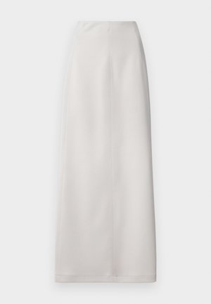 High-waisted, floor-length skirt in light gray fabric with a smooth texture and minimal seams, featuring a straight cut and no visible fastenings.