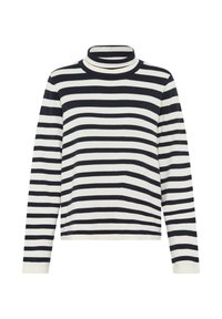 Top met lange mouwen en col in marineblauw en witte horizontale strepen, zachte stof, geribbelde textuur en een aansluitend silhouet. Effen manchetten en zoom.