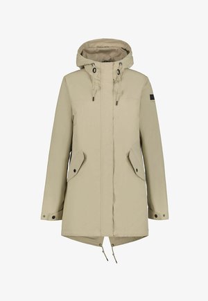 Vaaleanbeige vedenpitävä takki hupulla, jossa säädettävät kiristysnauhat, kaksi sivutaskua ja pidempi takareuna suojaksi.