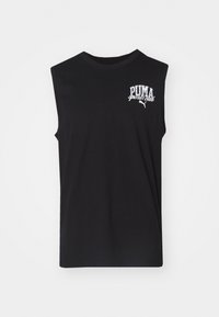 Czarny, bezrękawnikowy t-shirt wykonany z bawełny, z białym logo Puma oraz napisem, okrągłym dekoltem i luźnym krojem. Prosty i uniwersalny design.