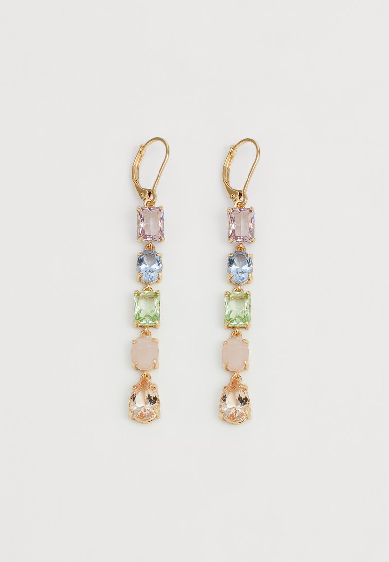 Gold-tone dangle earrings featuring a vertical arrangement of rectangular and pear-shaped gems in pastel colors: pink, blue, green.