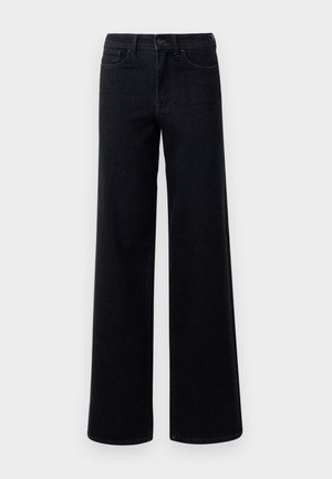 Jean en denim noir à jambes larges avec une taille haute, doté de poches standard et d'une fermeture à bouton. Texture lisse avec un léger, stretch.
