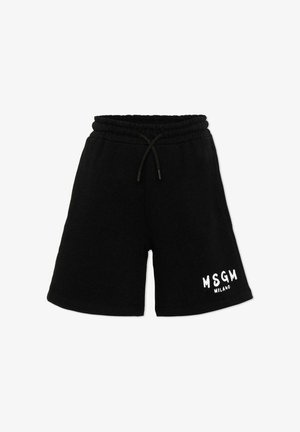 Zwarte shorts met trekkoord en elastische taille, met wit "MSGM Milano" logo op het linkerbeen.