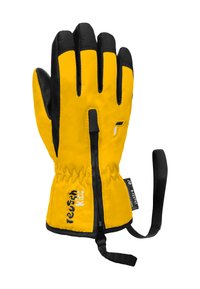 Yellow waterproof gloves with black accents, padded design, elastic wrist, zipper closure, and adjustable strap for secure fit.
