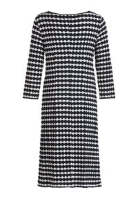 Kleid mit Hahnentrittmuster aus weichem Stoff; marineblau und weiß; lange Ärmel; runder Halsausschnitt; knielang; strukturiertes Zickzackdesign.