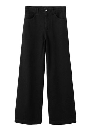 Pantaloni di denim neri a gamba larga con vita alta, dotati di tasche frontali, chiusura con bottoni e una trama liscia, senza effetti usurati.