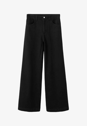 Pantaloni di denim neri a gamba larga con vita alta, dotati di tasche frontali, chiusura con bottoni e una trama liscia, senza effetti usurati.