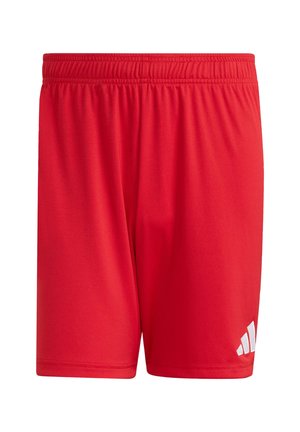 Shorts de sport rouges en tissu lisse. Ils comportent une taille élastique et un logo blanc en bas à droite.