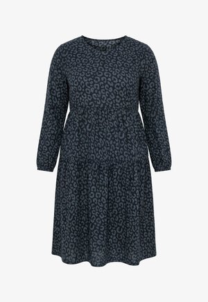Robe noire à manches longues avec imprimé léopard gris foncé, col rond, taille froncée et ourlet longueur genou.