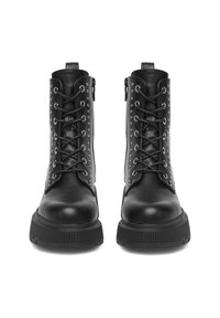 Czarne skórzane botki za kostkę z solidną podeszwą, wyposażone w srebrne detale, sznurowane z przodu i z bocznym zamkiem błyskawicznym dla łatwego zakupu. Teksturowana powierzchnia.