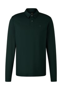 Dunkelgrünes Poloshirt mit langen Ärmeln aus strukturiertem Stoff, mit knöpfbarem Kragen und dezentem Logo auf der linken Brust.