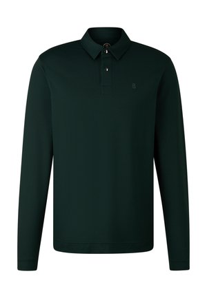 Dunkelgrünes Poloshirt mit langen Ärmeln aus strukturiertem Stoff, mit knöpfbarem Kragen und dezentem Logo auf der linken Brust.