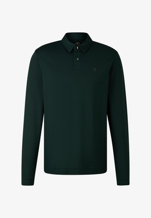 Long-sleeve dark green polo shirt made of textured fabric, featuring a buttoned collar and subtle logo on the left chest.