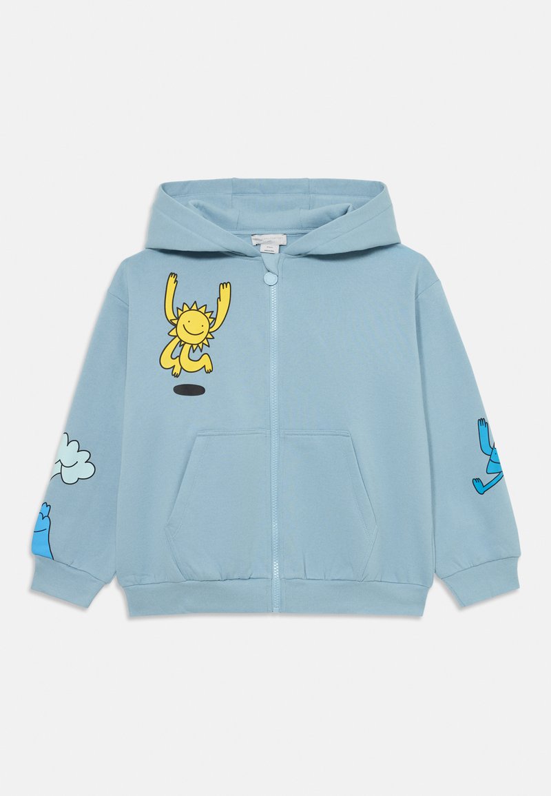 Gaiši zila zipa kapuce ar kapuci. Priekšpusē un piedurknēs ir dzeltena saules un zilā multfilmu varoņu grafika. Mīksta auduma, priekšējās kabatas.